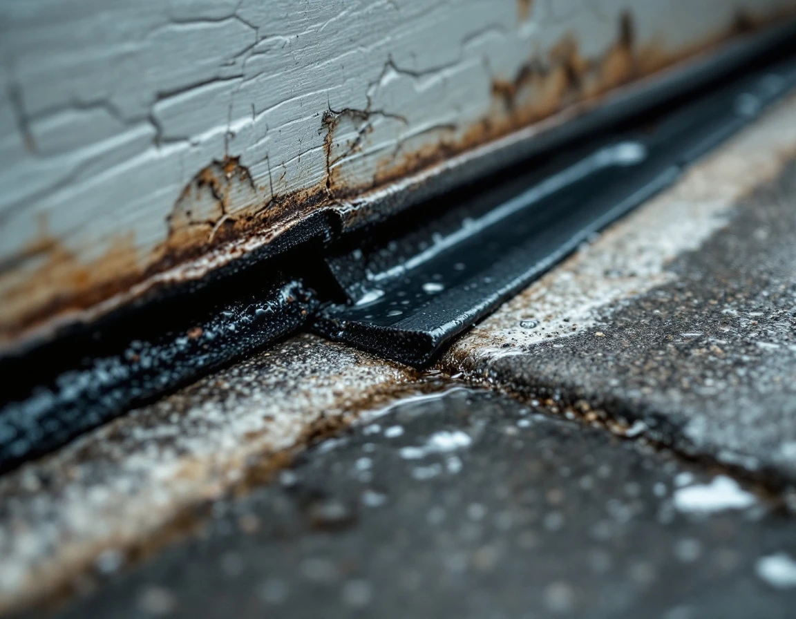 Cracked and worn garage door weather seal with water pooling on concrete floor beneath gap