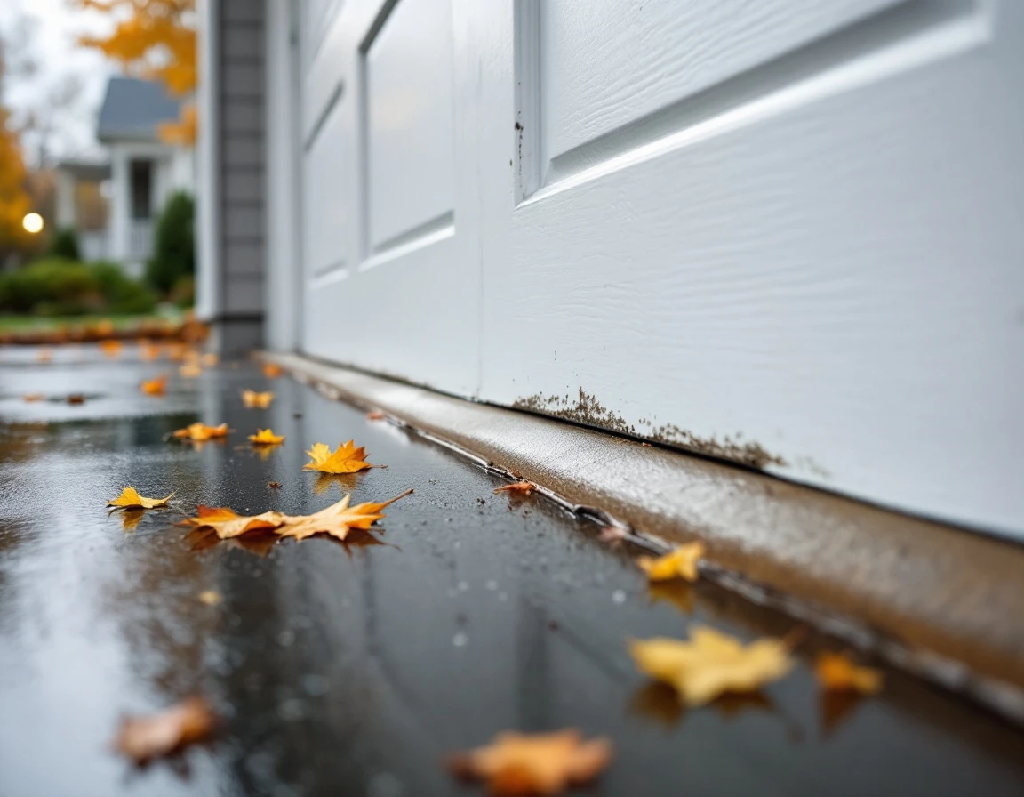 Worn garage door weatherstripping with visible gaps meeting wet driveway on rainy Oregon morning