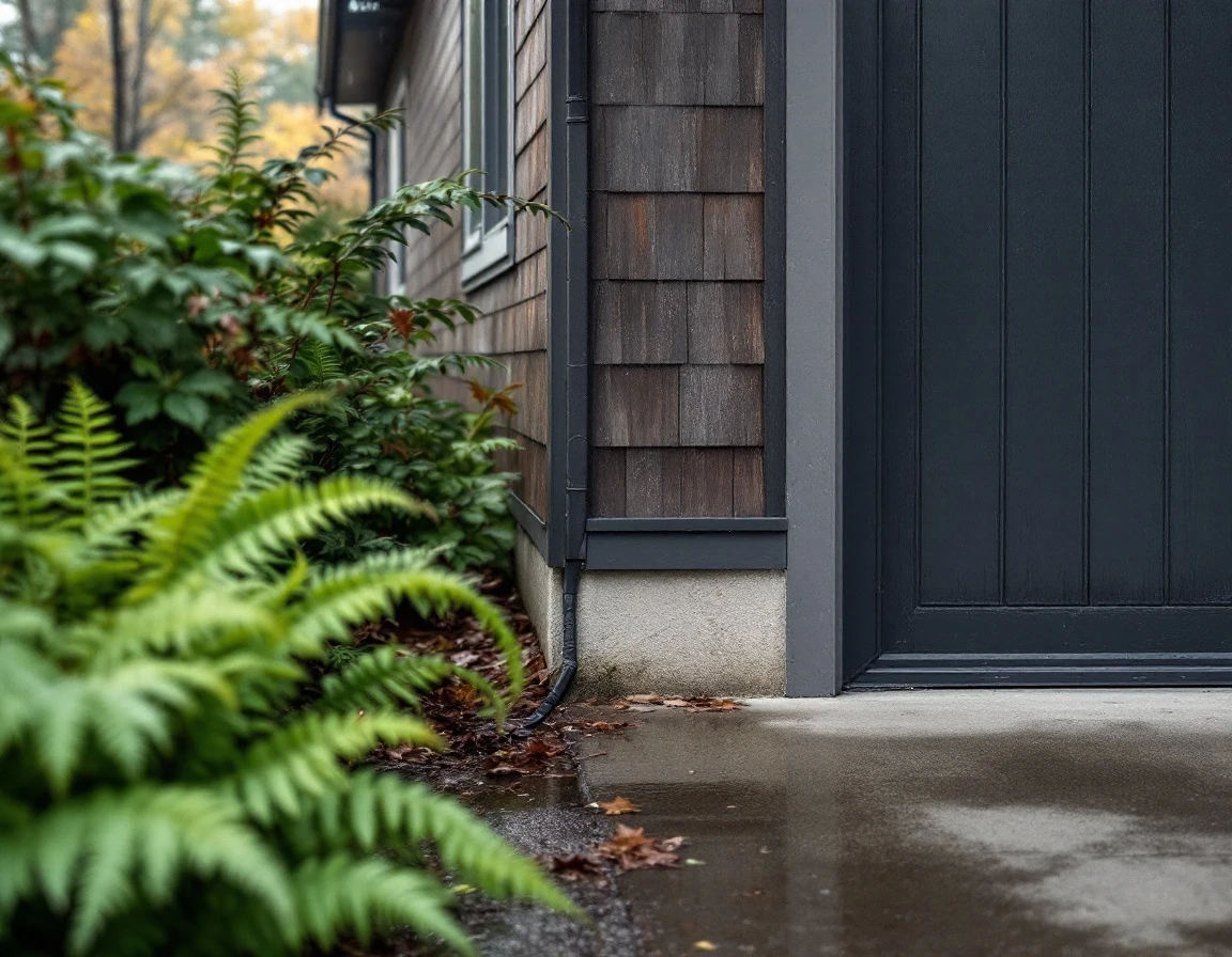 Portland garage exterior showing door seals and foundation drainage during rainy autumn weather