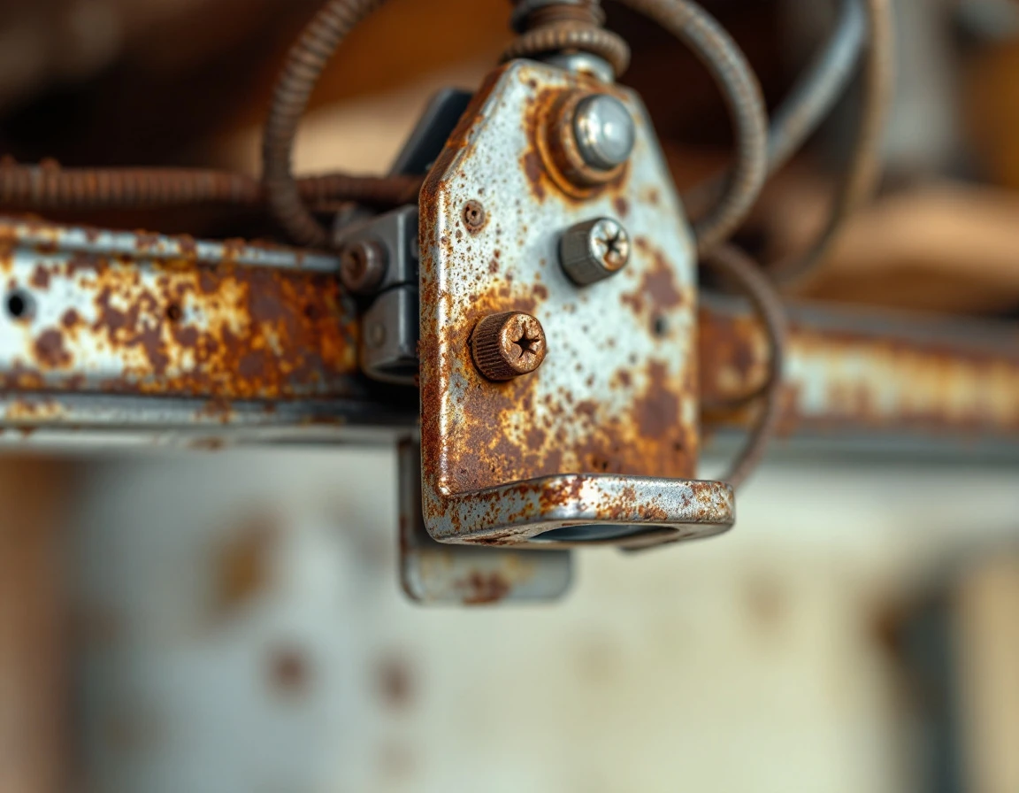 Misaligned garage door safety sensor bracket showing rust and wear on track mounting hardware