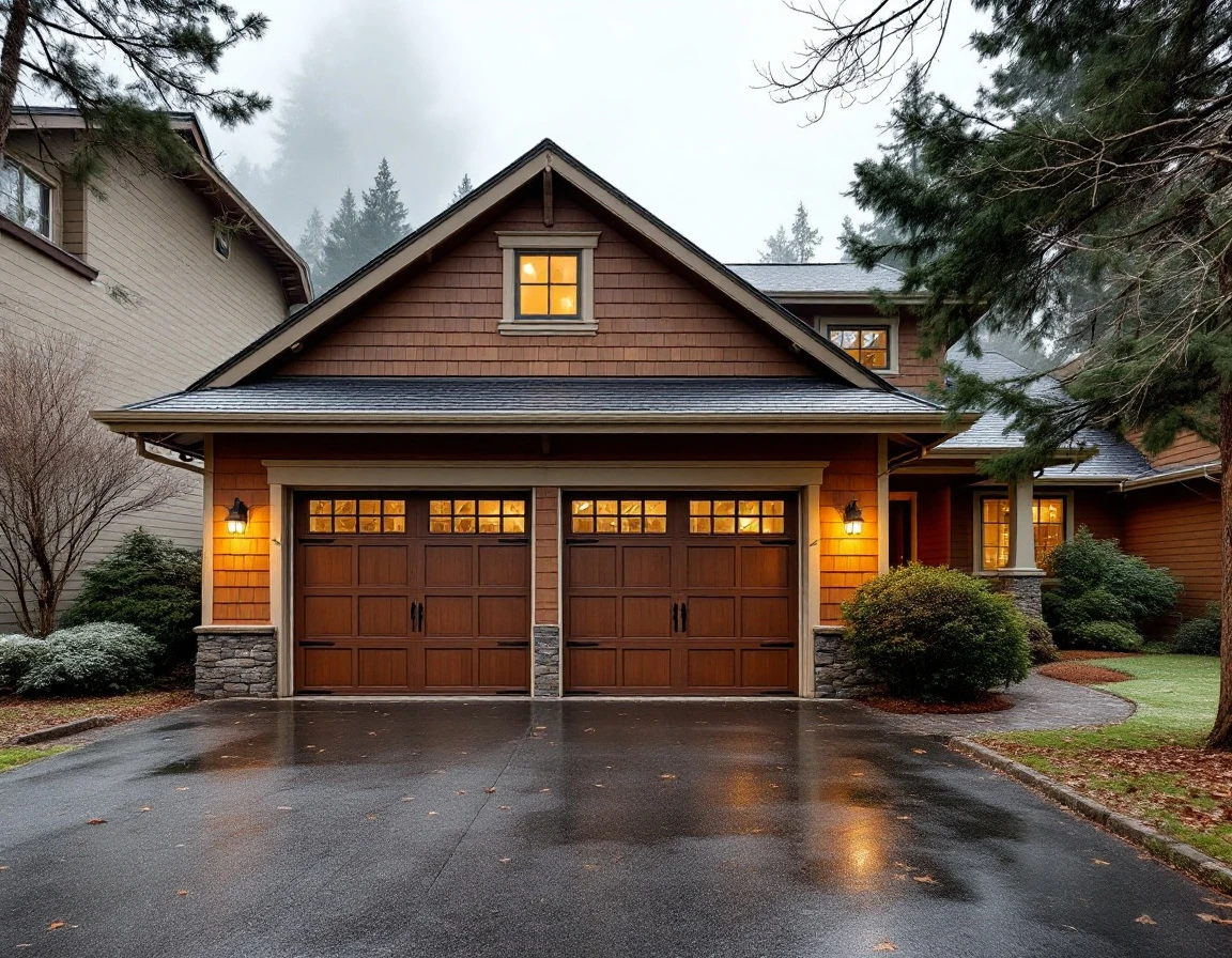 Oregon craftsman home with maintained garage door and exterior prepared for early winter weather conditions