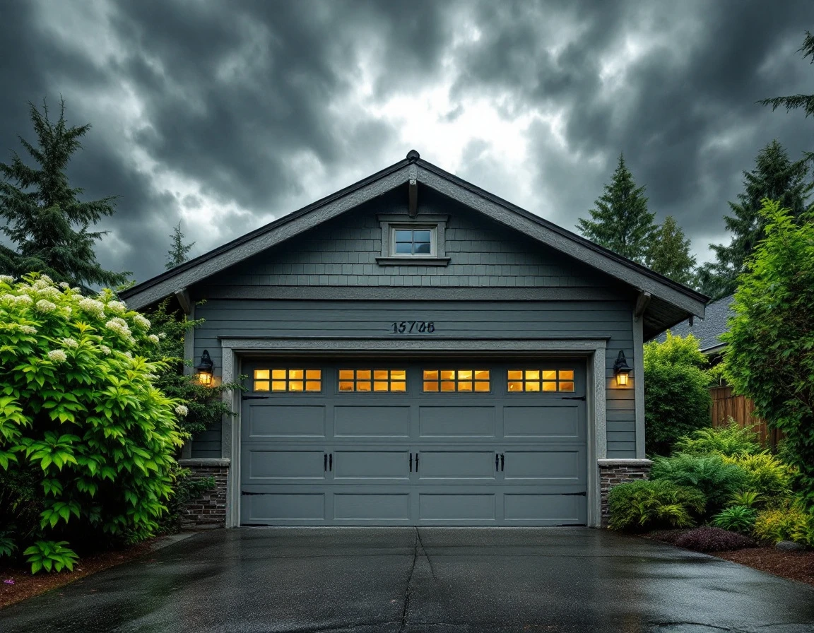 Portland garage door with reinforced hardware and weather stripping under approaching storm clouds