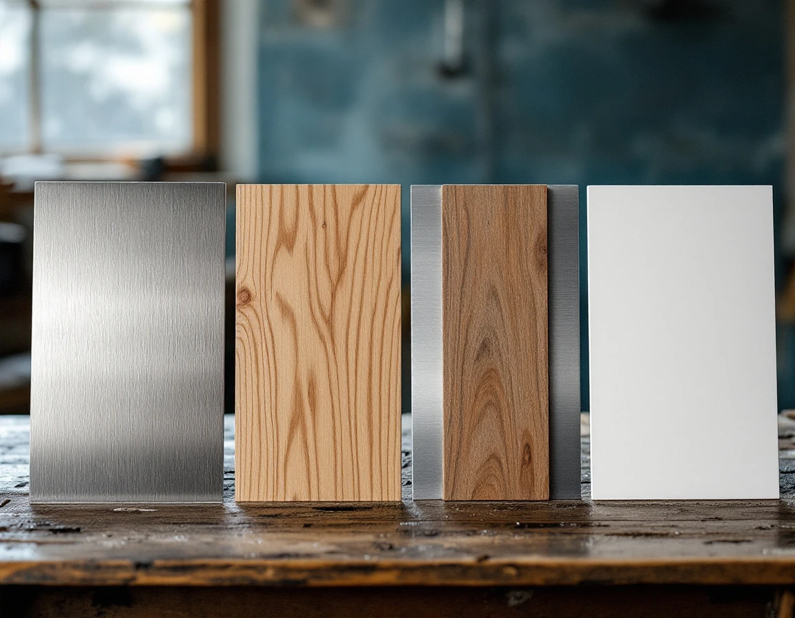 Four garage door material samples showing steel, wood, aluminum, and fiberglass textures side by side