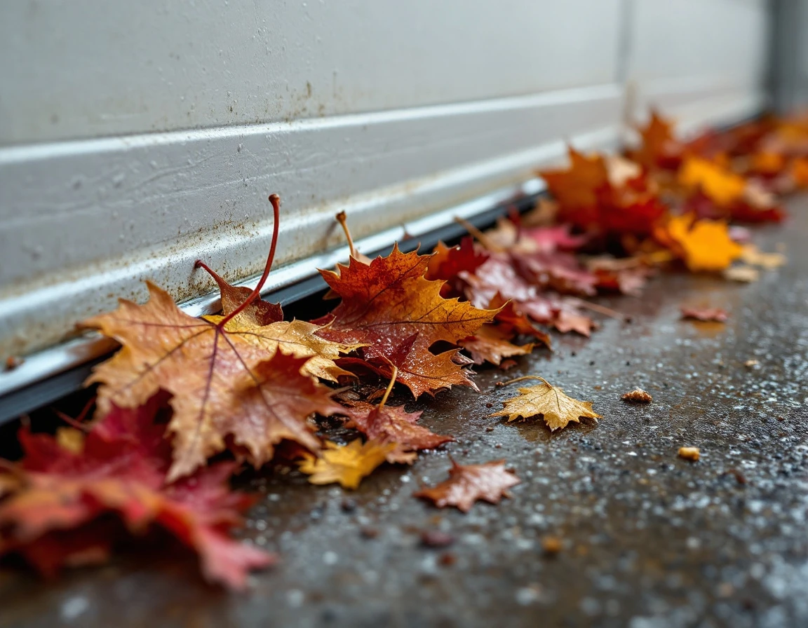 Wet fallen leaves clogging an aluminum garage door track with visible debris buildup