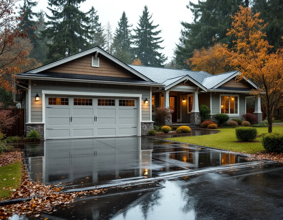 Oregon home garage door with weatherstripping during heavy fall rain showing water pooling on driveway