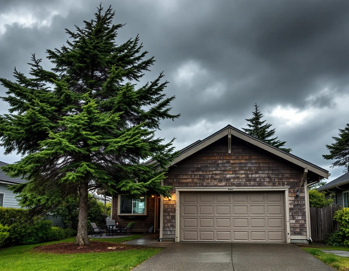 Oregon coastal home with secured garage door and outdoor items during approaching nor'easter storm conditions