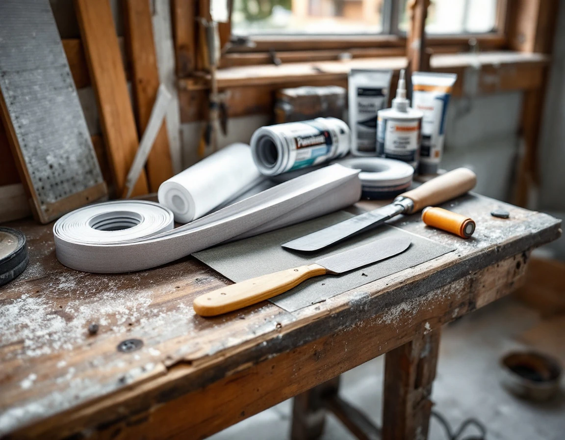 Weatherstripping, sealant tubes, and sandpaper arranged on wooden workbench in Portland garage workshop