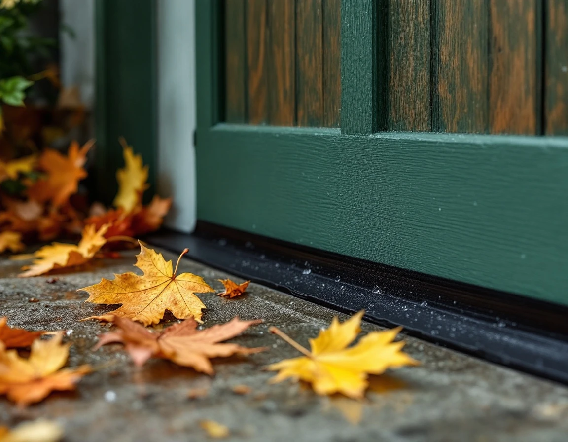 Rubber weatherstripping creating water seal at base of garage door with autumn leaves nearby