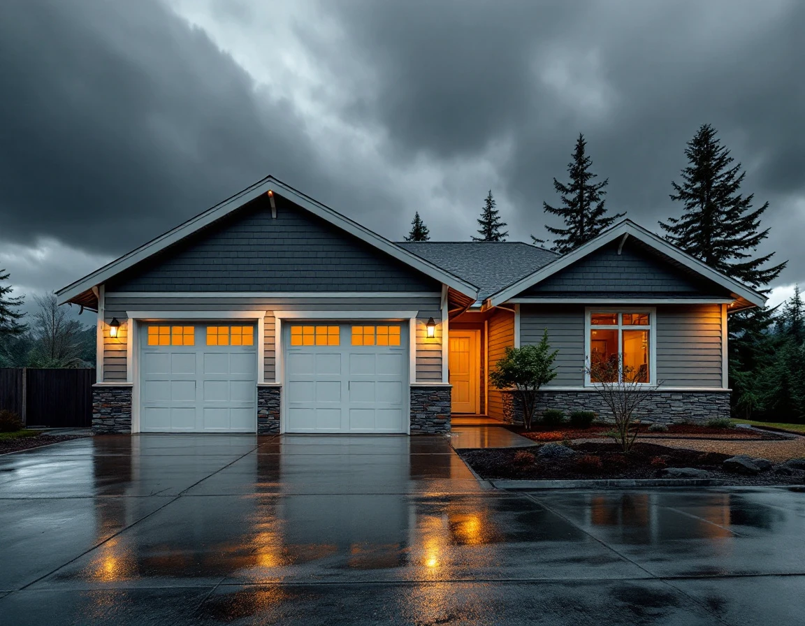 Two-car garage in Oregon with storm clouds gathering overhead and wet driveway reflecting dim sky