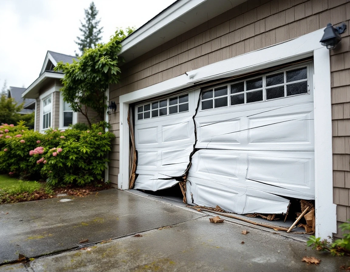 Earthquake-damaged garage door with bent panels, misalignment, and track separation on SW Washington home