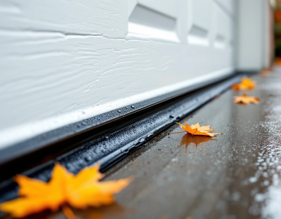 Rubber garage door weather seal meeting concrete with water droplets showing wear and compression