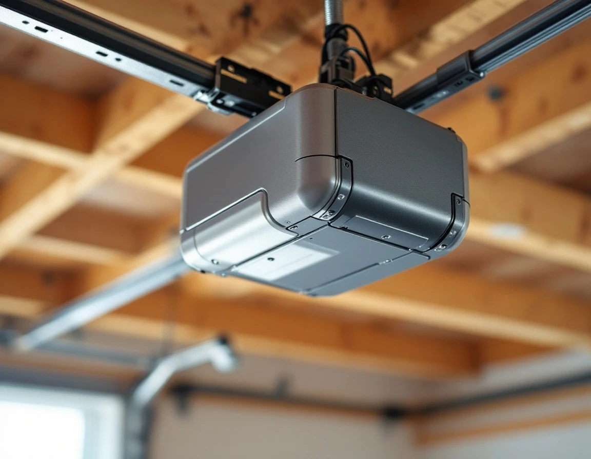 Garage door opener motor unit and chain drive mechanism mounted on residential garage ceiling