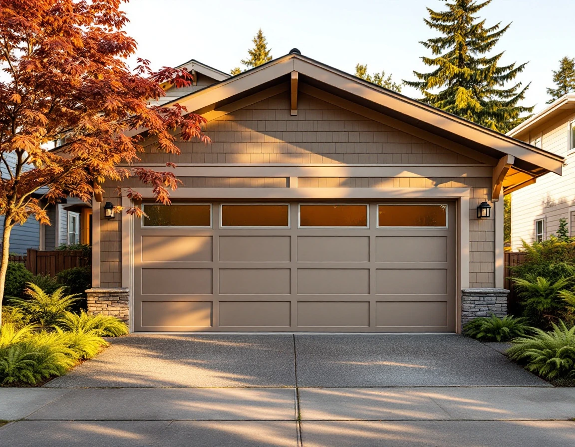 Craftsman home in Portland with new modern garage door and landscaping during golden hour