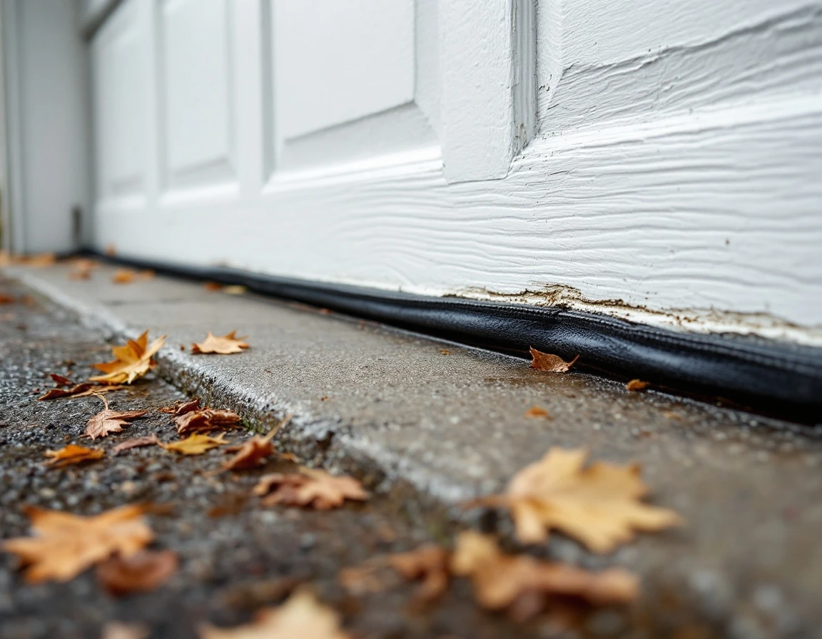 Worn garage door weatherstripping showing gaps and cracks before winter weather arrives