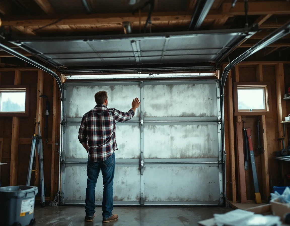 Homeowner inspecting garage door panels and hardware from interior during Portland's overcast weather