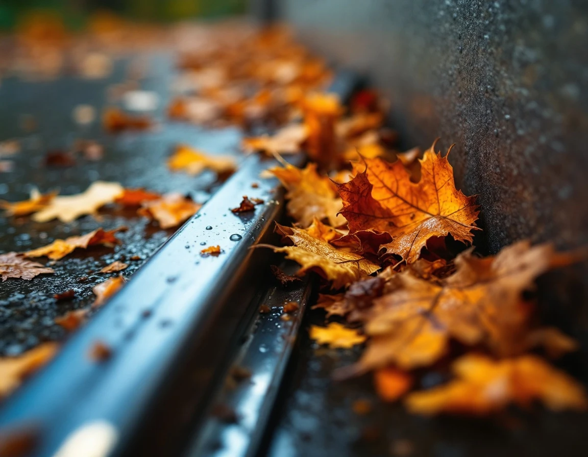 Autumn leaves and debris clogging a residential garage door track channel requiring cleaning
