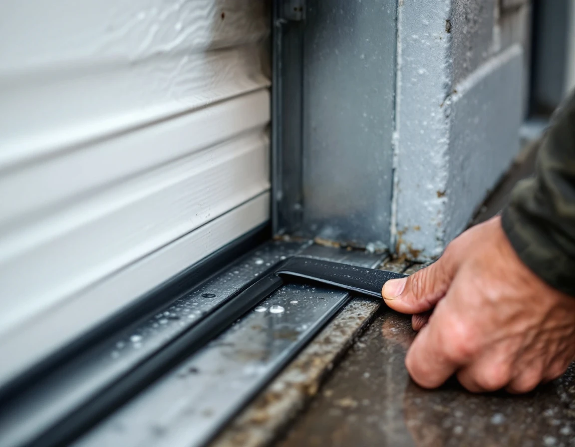 Installing new rubber weather seal into garage door bottom track with hands positioning the seal
