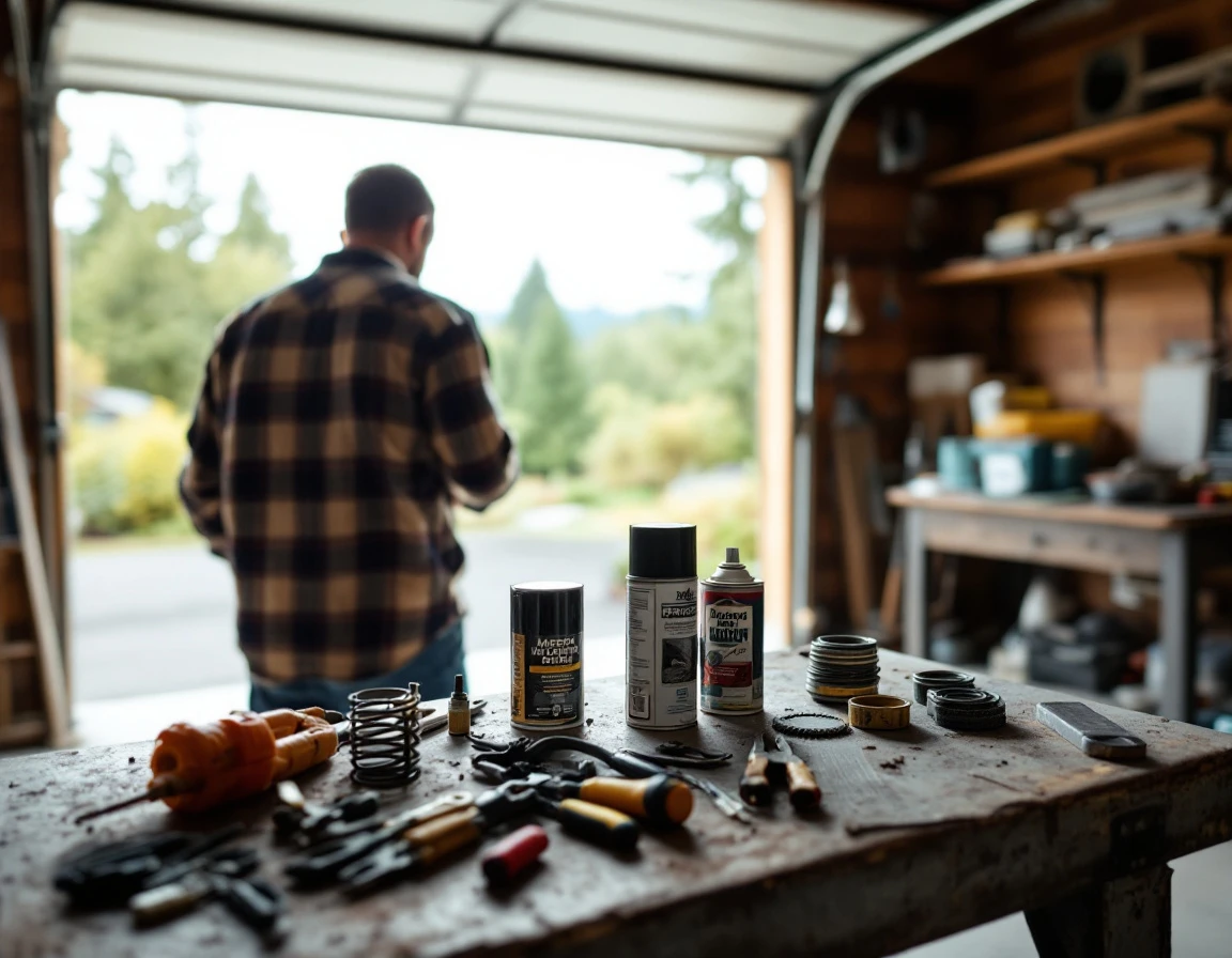 Homeowner inspecting garage door springs and weatherstripping with maintenance tools on workbench