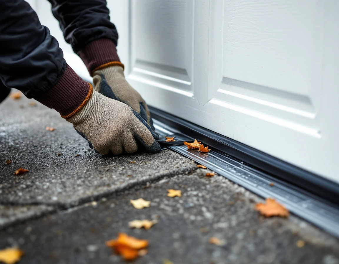 Hands installing rubber weatherstripping seal along garage door bottom track with wet autumn leaves nearby