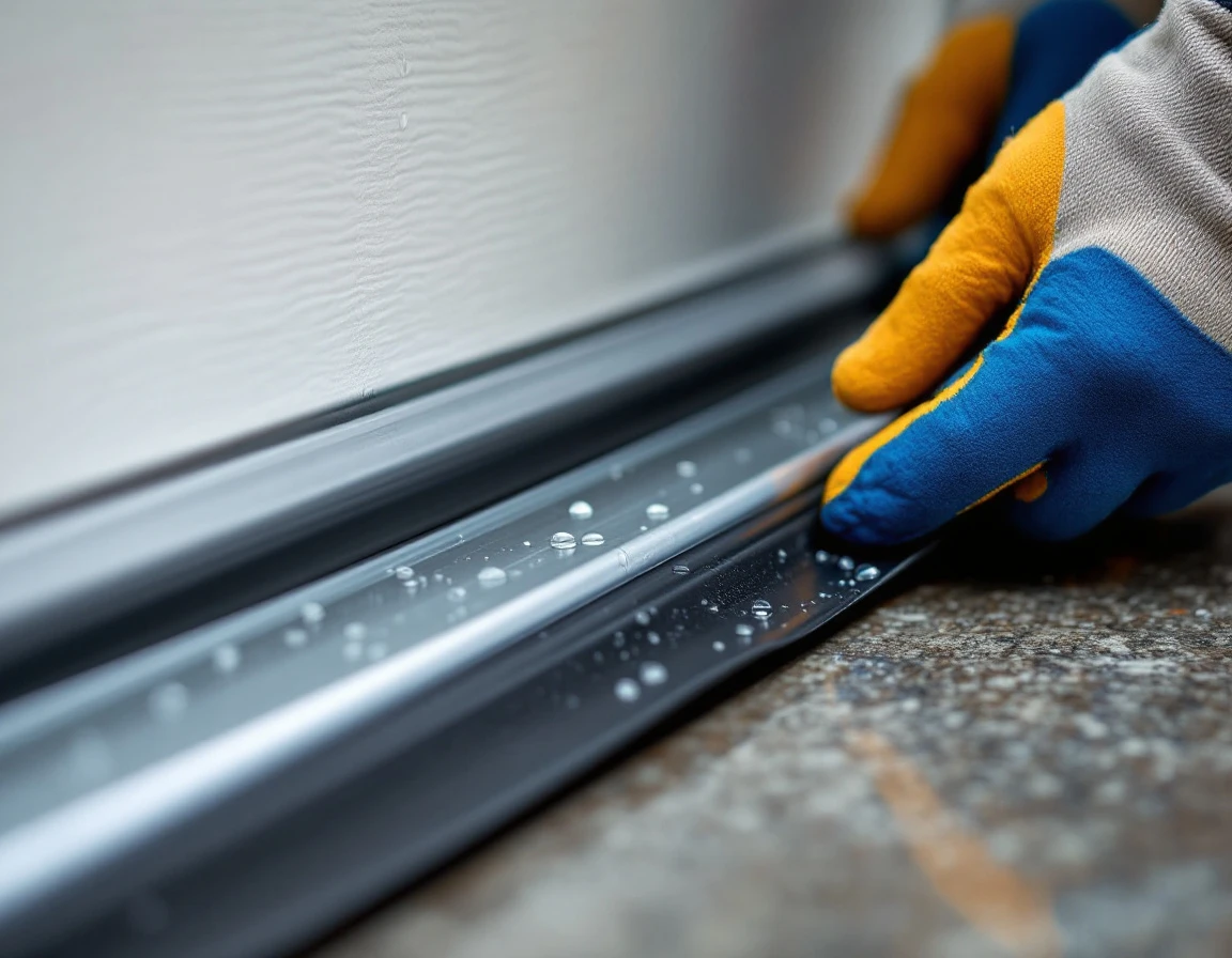 Hands installing fresh rubber weather seal into garage door bottom track with proper alignment