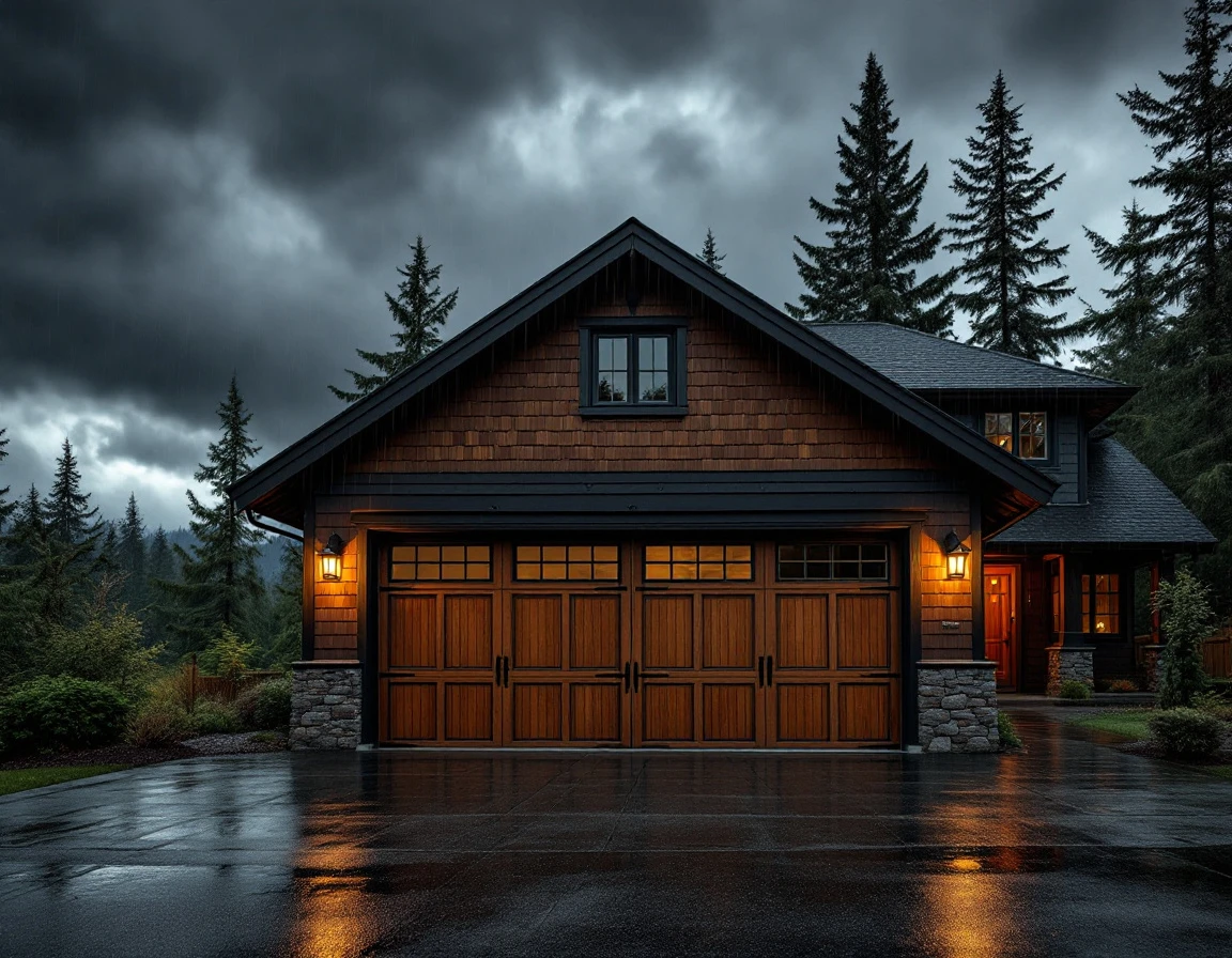 Oregon residential garage with reinforced door and weatherstripping during approaching nor'easter storm