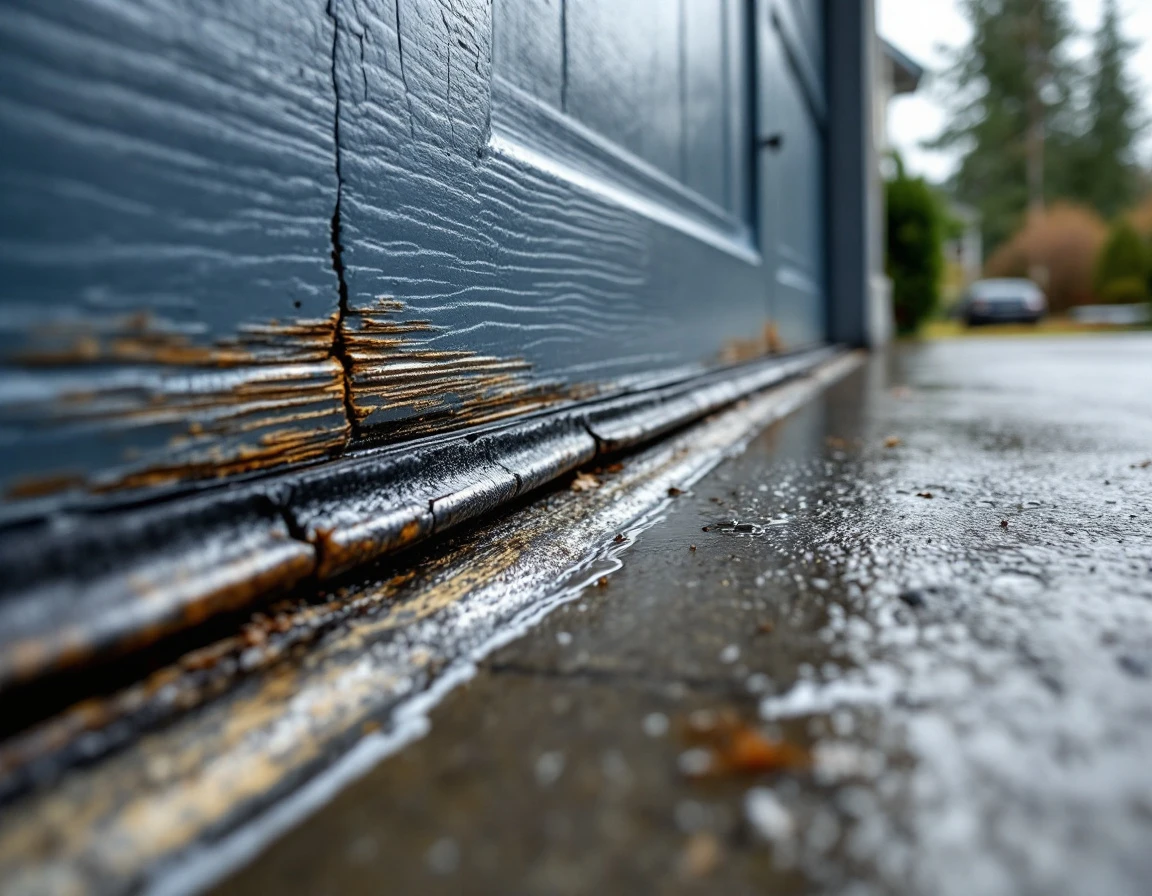 Cracked and deteriorating garage door weatherseal with water pooling on concrete driveway