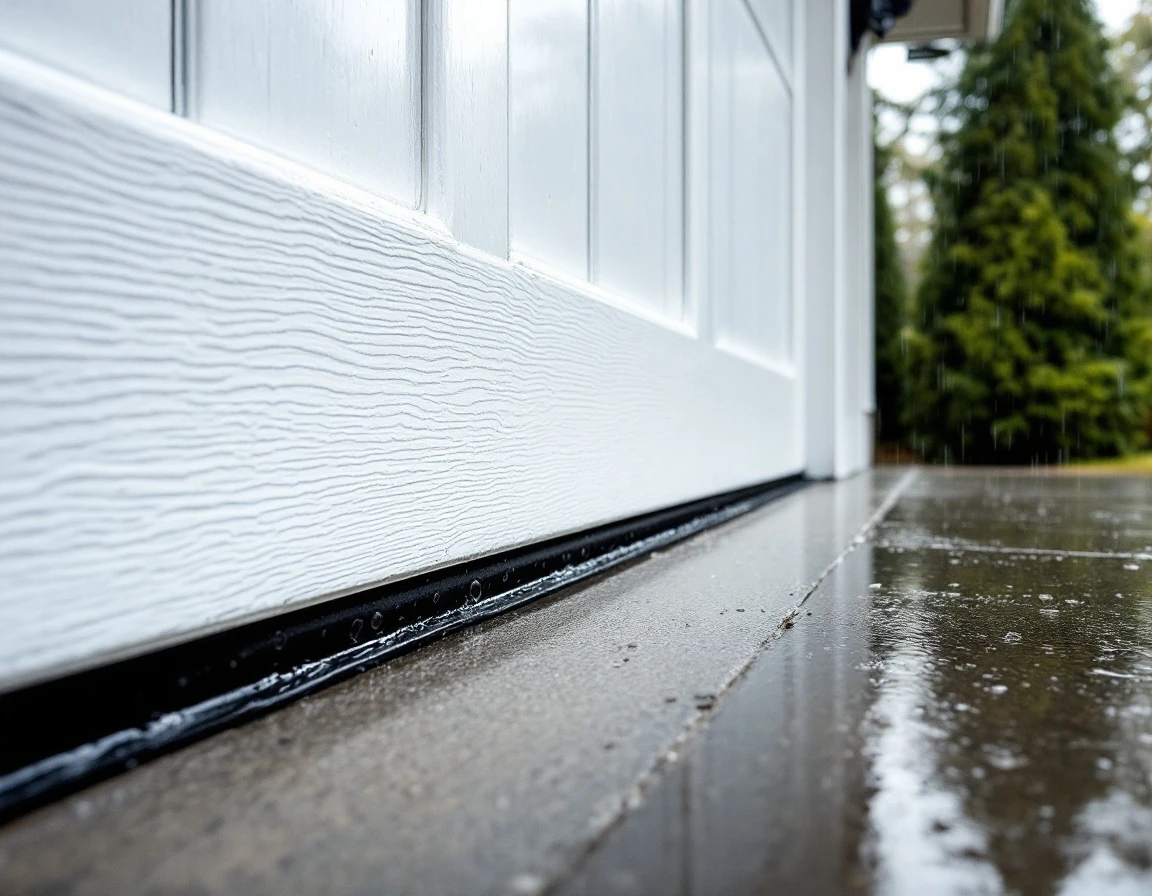 Garage door weatherstripping seal with water droplets on rainy day in Portland Oregon