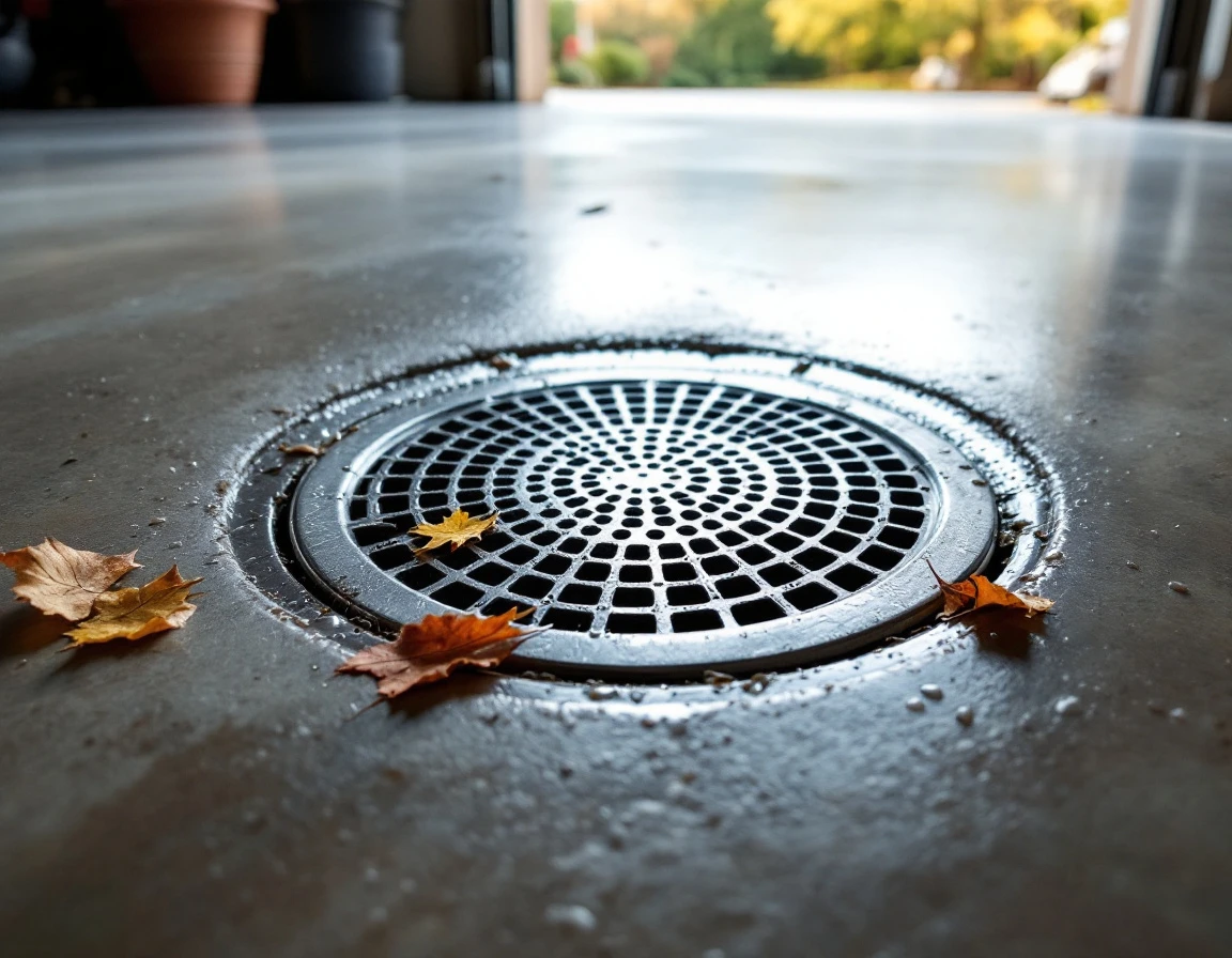 Garage floor drain with water droplets and leaves showing proper drainage slope in concrete