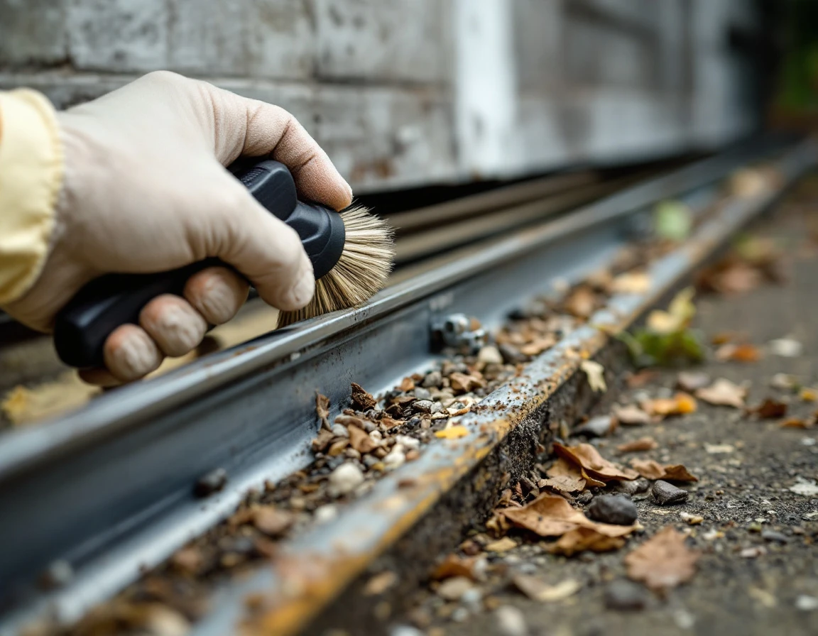 Close-up of garage door track with debris and dirt buildup requiring removal during maintenance