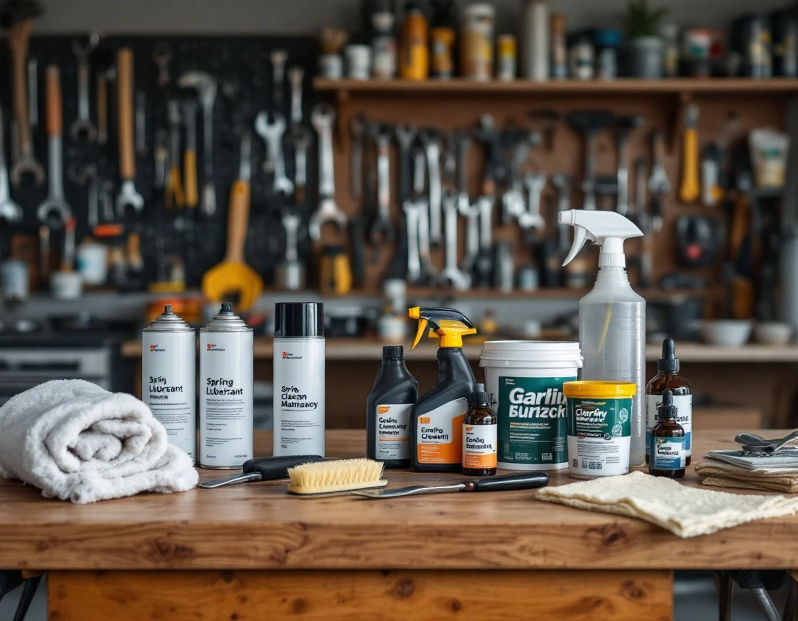 Organized garage workbench with spring maintenance supplies and tools ready for seasonal door preparation