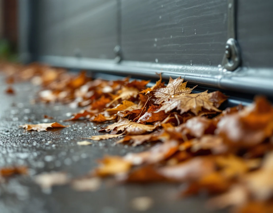 Wet autumn leaves densely clogging an aluminum garage door track with water droplets on metal surface