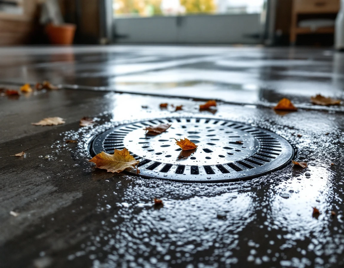 Garage floor drain with water flowing during Portland rainy season with leaves and debris nearby