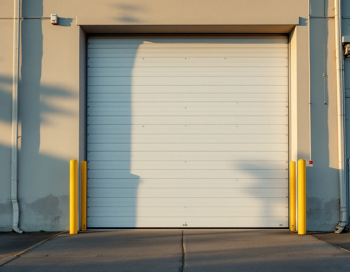 Commercial garage door showing tracks, panels, weatherstripping, and hardware components for inspection