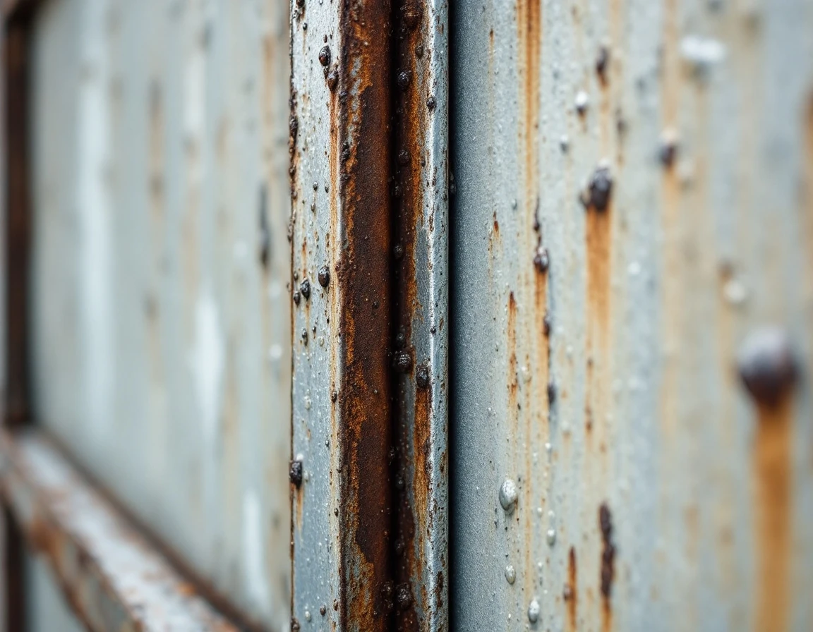 Close-up of weathered aluminum and fiberglass garage door panels showing water damage and oxidation