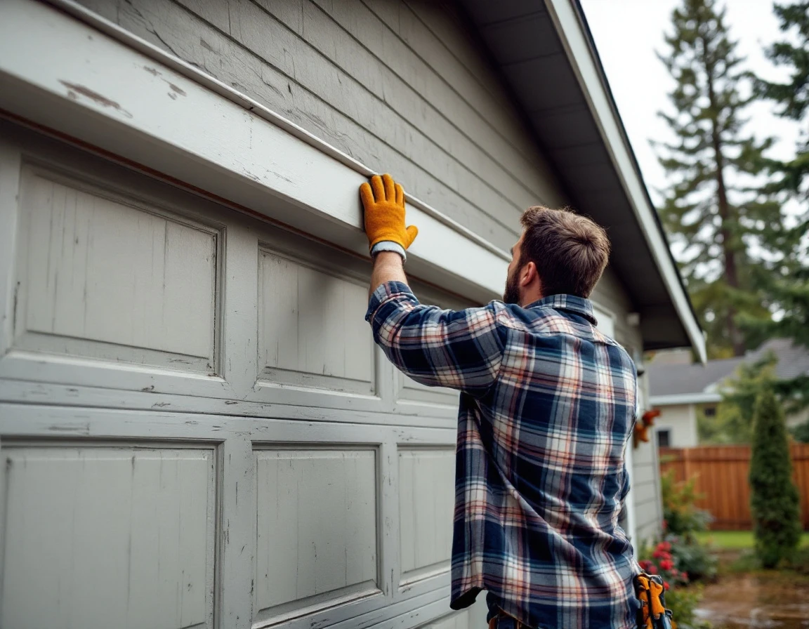 Homeowner inspecting garage door weatherstripping on ladder at Oregon craftsman home before storm season