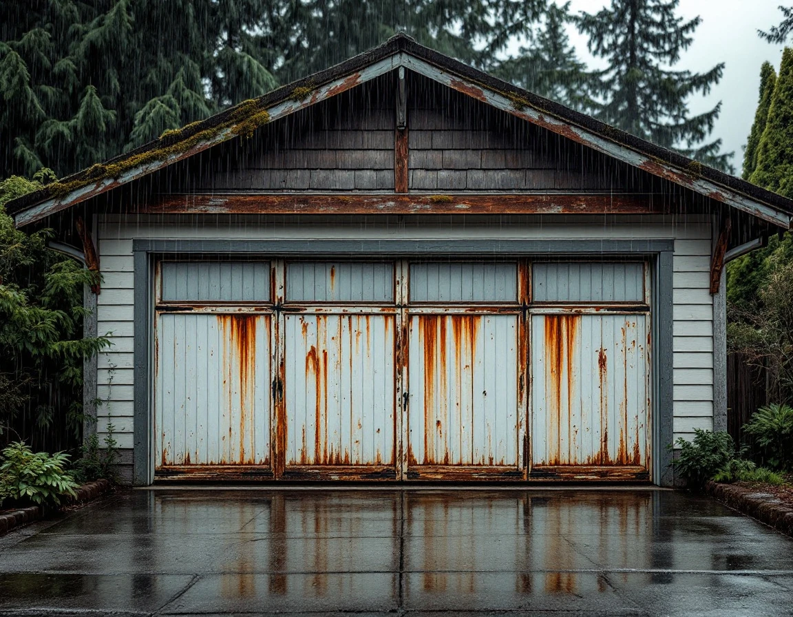 Weathered garage door with rust streaks and water damage during Portland rainy season