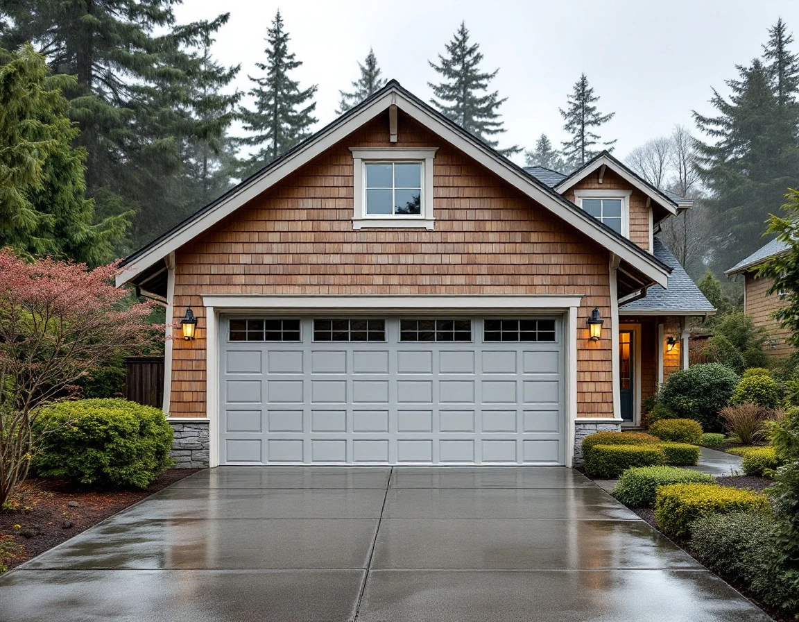 Coastal Oregon home with gray garage door and cedar siding under overcast sky with evergreen landscaping