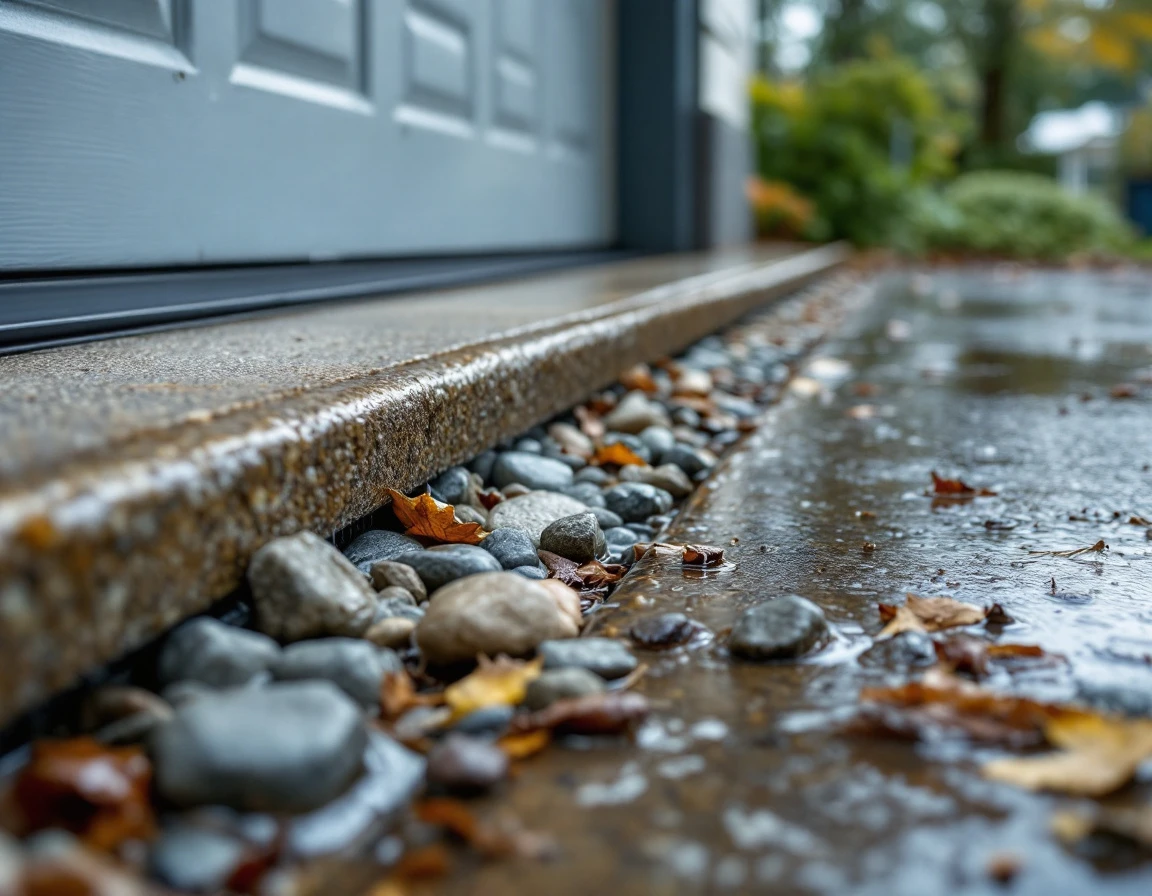 French drain system with gravel and PVC pipes channeling rainwater away from garage door foundation