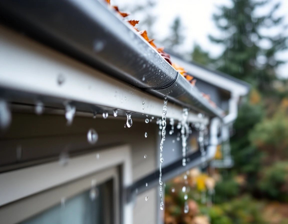 Clean residential gutter system with water flowing through downspout during Portland rainy season