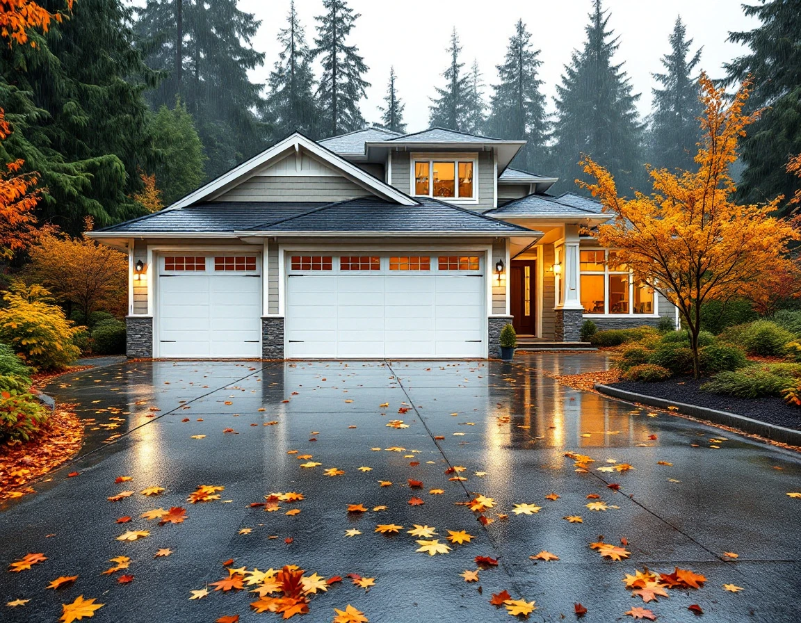 Modern white garage doors with wet driveway and fallen autumn leaves in Pacific Northwest forest setting