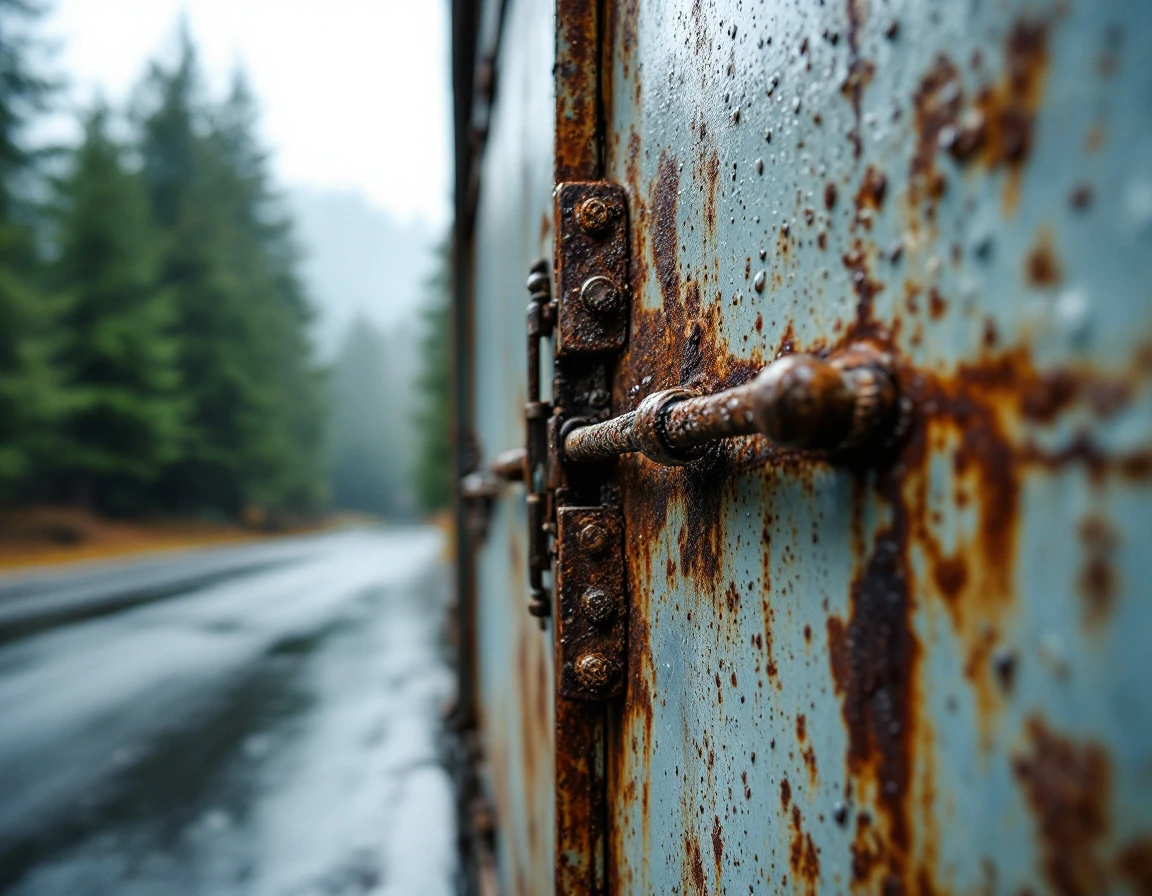 Rusted garage door hardware and corroded metal surface showing moisture damage from Pacific Northwest weather