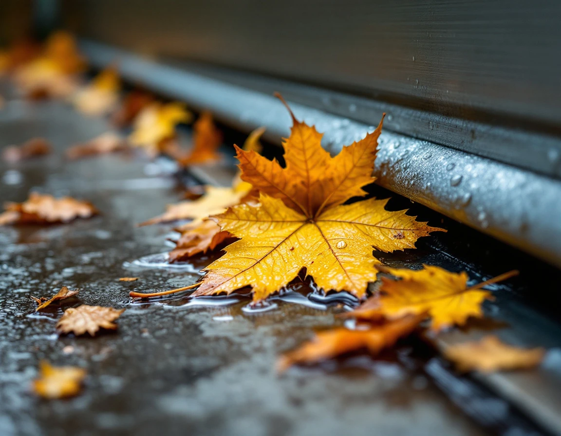 Wet autumn leaves clogging an aluminum garage door track with water pooling around debris