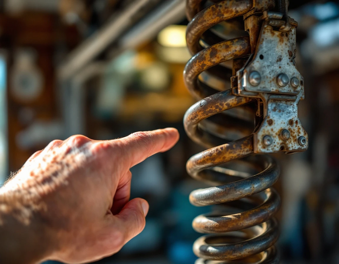 Close-up of weathered garage door spring and cable assembly with hand pointing to rust and wear indicators