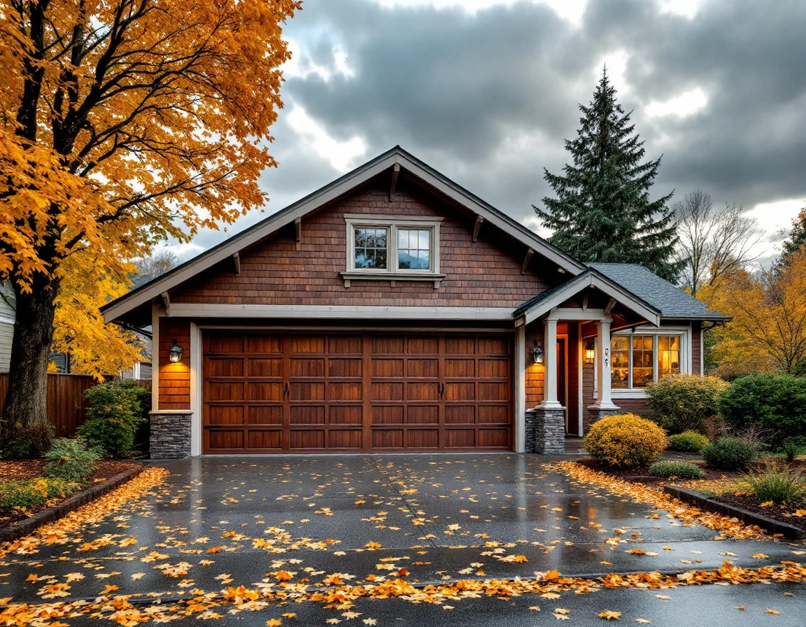 Craftsman home with garage door prepared for winter weather in Portland, Oregon neighborhood