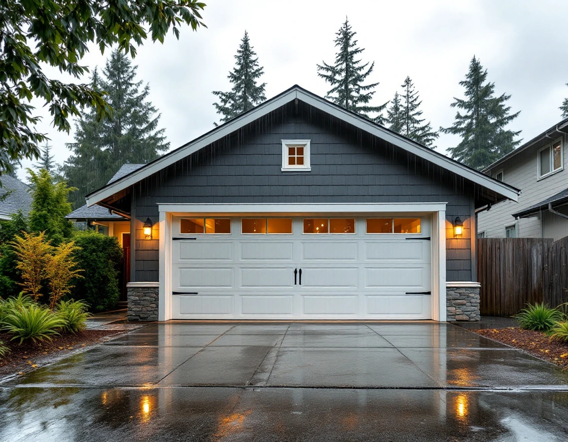 Portland garage door intact after thunderstorm with wet driveway and clearing skies overhead