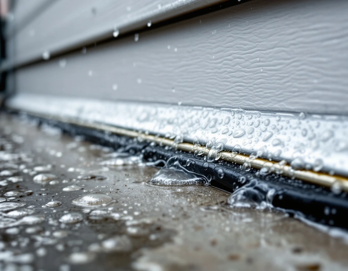 Garage door weatherstripping with water beads during Oregon rainstorm showing effective seal and maintenance