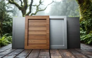 Four garage door material samples—steel, wood, aluminum, and fiberglass—displayed outdoors in Pacific Northwest climate