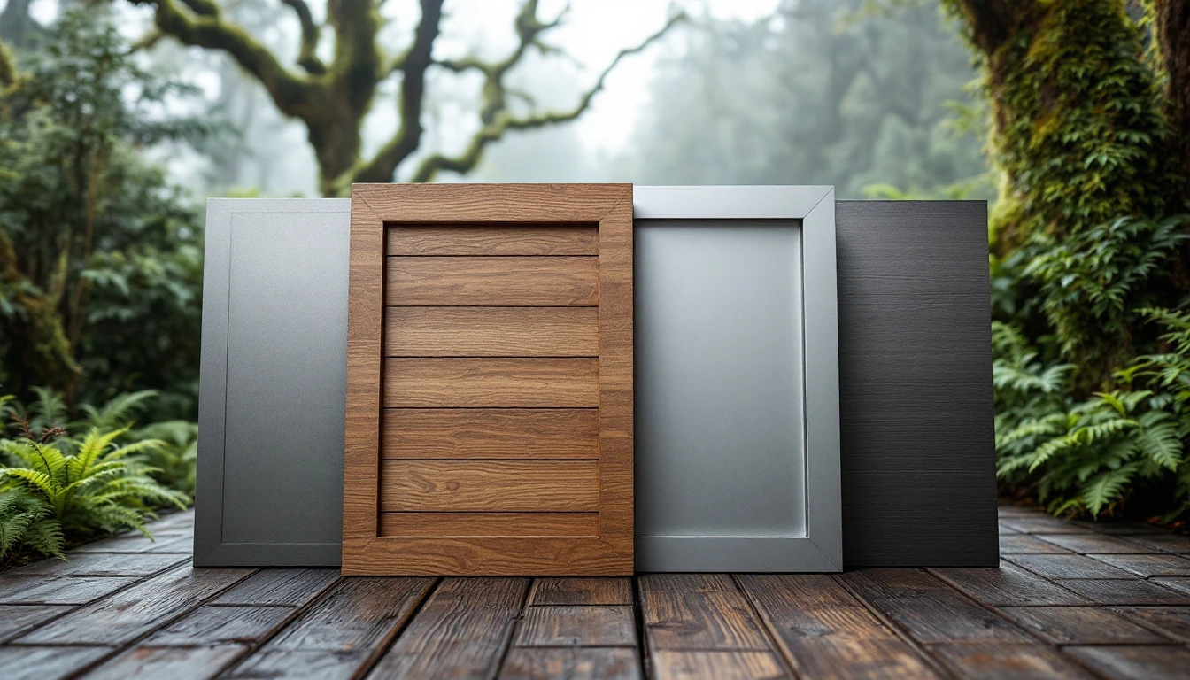 Four garage door material samples—steel, wood, aluminum, and fiberglass—displayed outdoors in Pacific Northwest climate