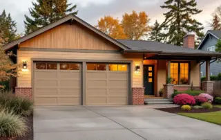 Craftsman home with new modern garage door in warm taupe, cedar siding, and autumn landscaping
