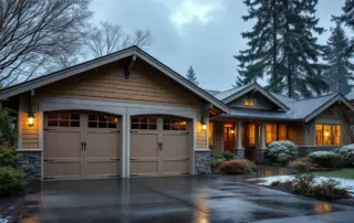 Oregon home with garage door on rainy early winter morning showing weatherproofing preparation